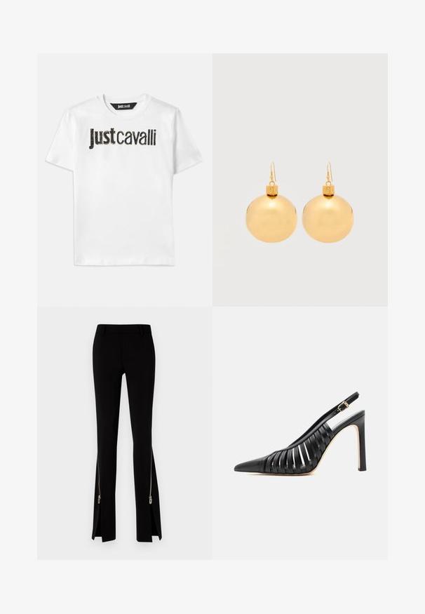 Biela bavlnená tričko s nápisom "Just Cavalli" v čiernej farbe s textúrovaným povrchom. Klasický kruhový výstrih a krátke rukávy.; DSQUARED2 ICON TRUMPET PANT - Nohavice - black; Čierna vysoká podpätková slingback obuv s ostrým špičatým nosom a vyrezávanými koženými remienkami, s zlatou prackou na remienku okolo členka.; Pár lesklých zlatých náušníc vo forme vianočných gúľ s háčikovým zapínaním na bielom pozadí.