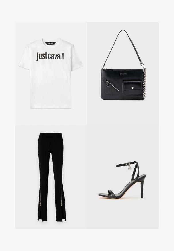Hvid bomulds t-shirt med "Just Cavalli" tekst i sort med en tekstureret finish. Klassisk rund hals og korte ærmer.; DSQUARED2 ICON TRUMPET PANT - Bukser - black; Sort hæl-sandal med smal ankrem, firkantet tå-boks, glat lædermateriale og metalspænde som pynt.; Sort Michael Kors skuldertaske i læder med toplynlås, diagonal lynlåslomme foran, klaplomme med trykknap og sølvkædedetalje.