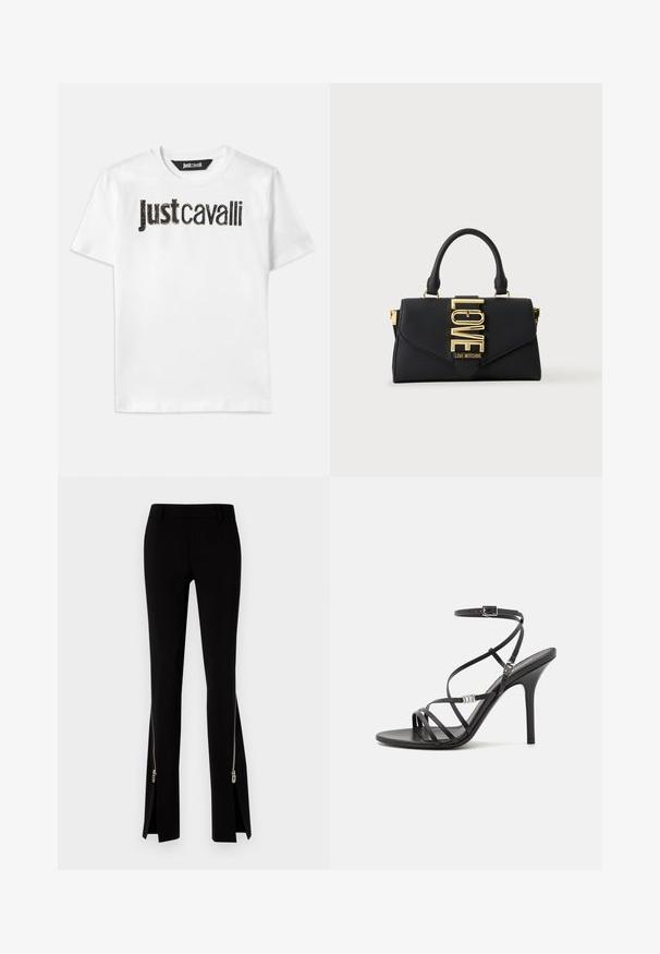 Weißes Baumwoll-T-Shirt mit schwarzem Text "Just Cavalli" in strukturiertem Finish. Klassischer Rundhalsausschnitt und kurze Ärmel.; DSQUARED2 ICON TRUMPET PANT - Stoffhose - black; Schwarze High-Heel-Sandale mit dünnen Riemen, einem Knöchelverschluss, einer glatten Lederoberfläche und einem schlanken Stiletto-Absatz.; Schwarze Handtasche mit einem Henkel, goldener Verschluss mit dem Wort LOVE und "Love Moschino"-Markenlogo auf der Frontklappe.
