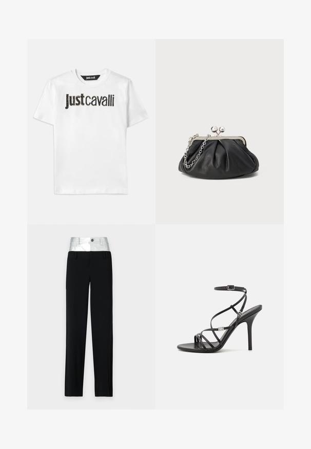 Hvid bomulds t-shirt med "Just Cavalli" tekst i sort med en tekstureret finish. Klassisk rund hals og korte ærmer.; Sorte bukser med en skinnende sølvfarvet talje. Har en knaplukning og fire lommer, med en skræddersyet pasform og lige ben design.; Sort højhælet sandal med tynde stropper, en ankelspænde, en glat læderoverflade og en slank stilethæl.; Sort læder clutch med samlet tekstur, sølvfarvet metalramme, kys-lås lukning og kædestrop. Glat, blød overflade.