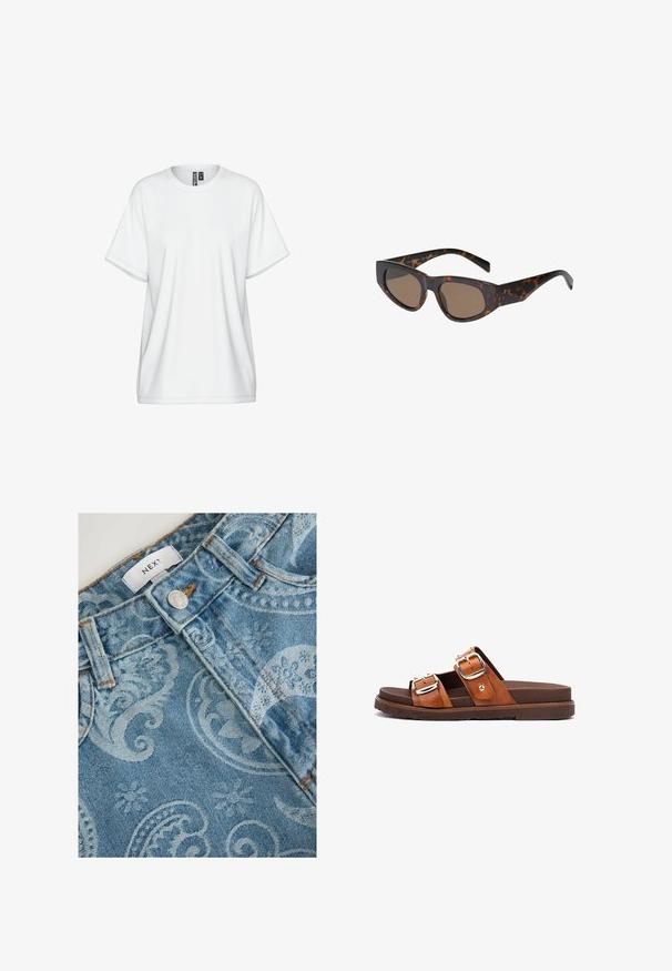 Hvid bomulds-T-shirt med rund halsudskæring, korte ærmer og løs pasform. Har diskrete syningsdetaljer og en mærkat ved kraven.; Lyseblå jeans i denim med paisley- og blomstermønstre, metal knap, bæltestropper og en hvid label med teksten "NEXT."; Brun slidesandal med to justerbare læderremme med sølvfarvede spænder og en polstret fodseng på en struktureret sål.; Brille med skildpaddeprint i rektangulær form, brune tonede glas og elegante sorte stænger. Tekstureret stel med subtile mønsterdetaljer.