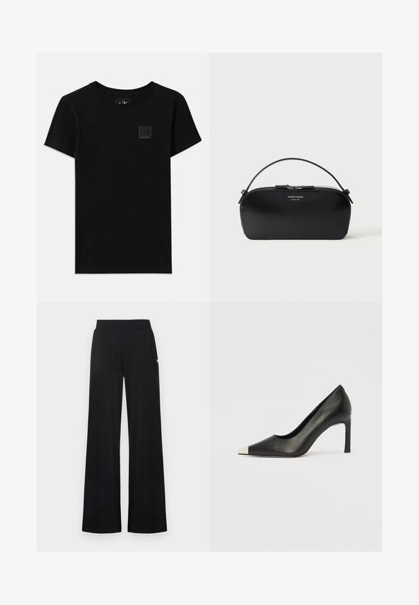 Camiseta de algodón negra con cuello redondo y mangas cortas. Presenta una pequeña etiqueta rectangular con el logotipo en la parte delantera.; Pantalones negros de pierna ancha con una cintura ajustada, hechos de una tela suave. Cuentan con discretos bolsillos laterales y detalles mínimos de herrajes.; Zapato de tacón alto de cuero negro con punta en forma de pico y una tapa metálica plateada. Presenta un acabado suave y un tacón delgado de 10 cm.; Bolso pulsera de cuero negro con cremallera plateada y asa corta, logo Emporio Armani Milano 1981 en relieve en el frente.