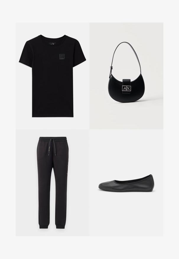 Camiseta de algodón negra con cuello redondo y mangas cortas. Presenta una pequeña etiqueta rectangular con el logotipo en la parte delantera.; Joggers negros de algodón suave con una cinturilla elástica y cordón. Presentan puños acanalados y texto bordado en el lateral.; Bailarina de piel negra con punta redondeada, textura suave, detalle de costura minimalista y diseño de suela flexible.; Bolso negro en forma de media luna con una correa ajustable única y un broche con el logo A|X plateado en la solapa frontal.