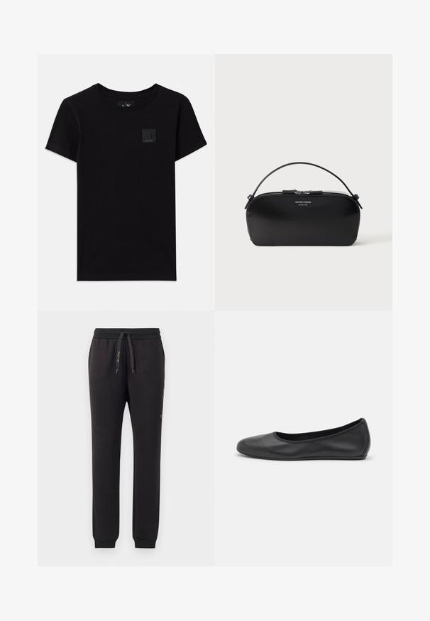 Camiseta de algodón negra con cuello redondo y mangas cortas. Presenta una pequeña etiqueta rectangular con el logotipo en la parte delantera.; Joggers negros de algodón suave con una cinturilla elástica y cordón. Presentan puños acanalados y texto bordado en el lateral.; Bailarina de piel negra con punta redondeada, textura suave, detalle de costura minimalista y diseño de suela flexible.; Bolso pulsera de cuero negro con cremallera plateada y asa corta, logo Emporio Armani Milano 1981 en relieve en el frente.