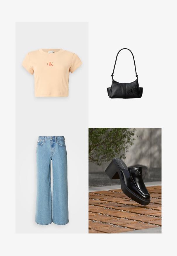 Svetloružový krátky crop top s krátkymi rukávmi vyrobený z rebrovanej bavlny, s centrálnym logom v tmavšej oranžovej farbe a minimálnymi detailmi šitia.; Svetlomodré široké rifle vyrobené z denimu, s vysokým pásom, päticou vreciek a jemným vyblednutím na látke.; Čierne kožené šľapky Calvin Klein s blokovým podpätkom, ktoré oddychujú na drevených dlaždiciach vonku blízko zelenej rastliny a šedej steny.; Čierna kožená taška cez rameno s dlhým popruhom, bočnými vreckami a vystúpeným logom Calvin Klein vpredu.