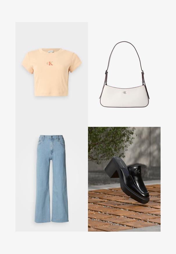 Licht perzikkleurig cropped t-shirt met korte mouwen, gemaakt van ribbed katoen, met een centraal logo in donkeroranje en minimale stikdetails.; Lichtblauwe wijde jeans van denim, met een aansluitende taille, vijf-pocket ontwerp en subtiele stiksels.; Zwarte leren Calvin Klein slip-on mule met blokhak rustend op houten tegels buiten, vlak bij een groene plant en een grijze muur.; Witte leren schoudertas met donkerbruine bies en verstelbare riem, met een klein zilveren "cK"-logo midden op de voorkant.