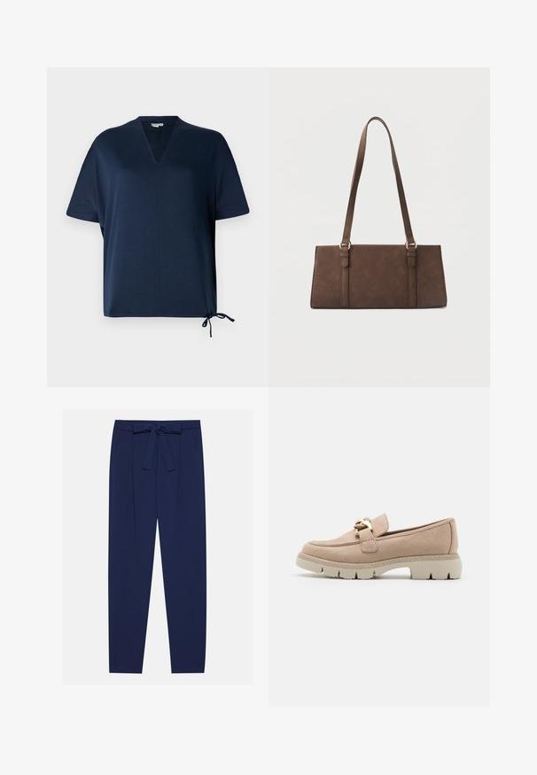 Marineblauw T-shirt met korte mouwen, een V-hals, losse pasvorm, zijsplitten en een verstelbaar trekkoorddetail aan de zoom. Gladde stofsamenstelling.; Marineblauwe broeken met een striktaille, zijzakken en een losse pasvorm. Gemaakt van een gladde stof met een subtiele glans. Draagt een geklede uitstraling met plooien.; Beige nubuck loafers met een gouden metalen accent, een gestructureerde zool en een dikke plateauzool, met een klassieke vorm en een ronde neus.; Bruine rechthoekige schoudertas met lange riemen en minimale stikdetails op een effen achtergrond.