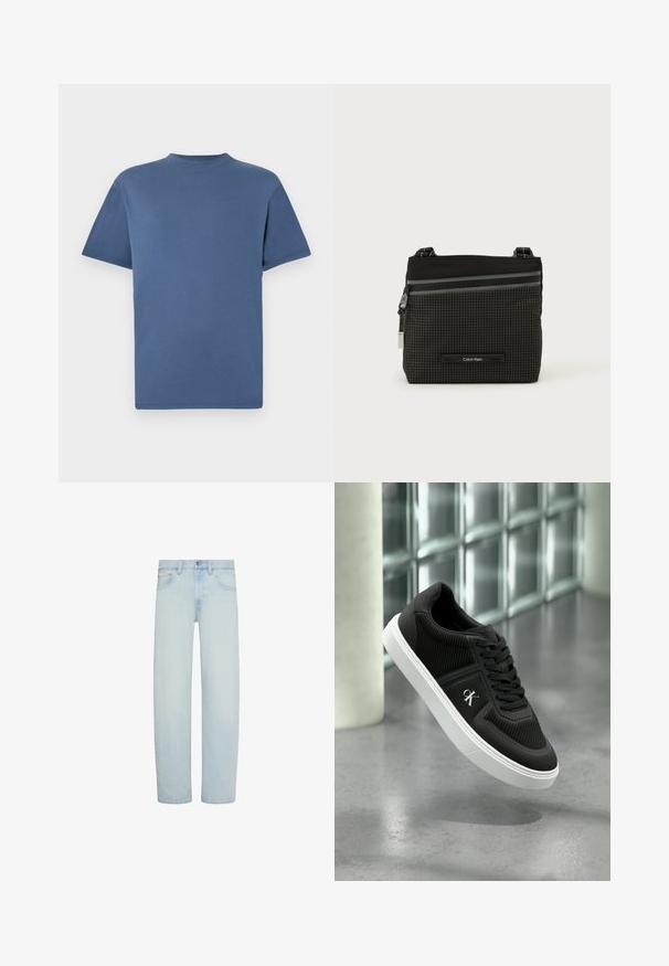 Blaues T-Shirt mit kurzen Ärmeln und Rundhalsausschnitt, schlichtes, einfarbiges Design, flach auf weißem Hintergrund dargestellt.; Hellblaue Denim-Jeans mit geradem Bein, vorderem Knopf- und Reißverschluss, Gürtelschlaufen und Vordertaschen.; Schwarzer Sneaker mit niedrigem Schaft, weißer Sohle und "cK"-Logo, schwebt über grauem Betonboden in der Nähe einer Glassteinwand und einer weißen Säule.; Schwarze und graue Calvin Klein Umhängetasche mit Karomuster, Frontreißverschlusstasche und verstellbarem Riemen vor weißem Hintergrund.