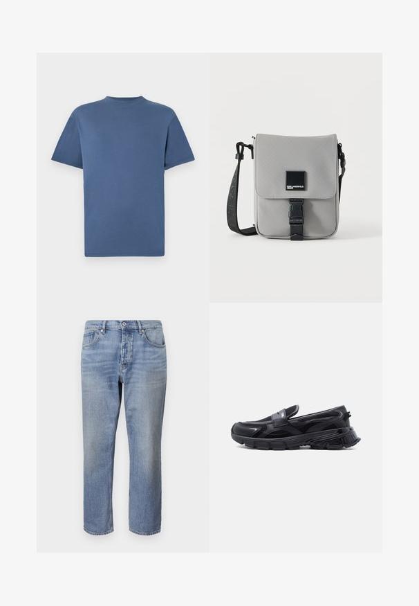 Blaues T-Shirt mit kurzen Ärmeln und Rundhalsausschnitt, schlichtes, einfarbiges Design, flach auf weißem Hintergrund dargestellt.; Helle blaue Jeans mit geradem Schnitt, fünf Taschen, sichtbaren Nähten und einem Knopfverschluss an der Taille.; Schwarzer Slip-On-Sneaker mit dicker, strukturierter Sohle und Mesh-Einsätzen, entworfen für Freizeit- und Sportkleidung.; Graue Crossbody-Tasche mit schwarzem, verstellbarem Gurt, vordere Klappe mit schwarzer Schnalle gesichert, mit quadratischem Karl Lagerfeld Jeans Logo-Patch.