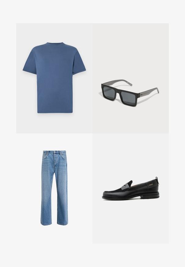 Blaues T-Shirt mit kurzen Ärmeln und Rundhalsausschnitt, schlichtes, einfarbiges Design, flach auf weißem Hintergrund dargestellt.; Helle blaue Jeans im Geradeschnitt-Design, mit fünf Taschen, Knopfverschluss, minimaler Ausbleichung und kontrastierenden Nähdetails.; Schwarzer Lederloafer mit grauem Riemendetail, niedrigem Absatz und strukturierter Sohle, seitlich mit „HUGO“ in Gold gebrandmarkt.; HUGO Sonnenbrille - black