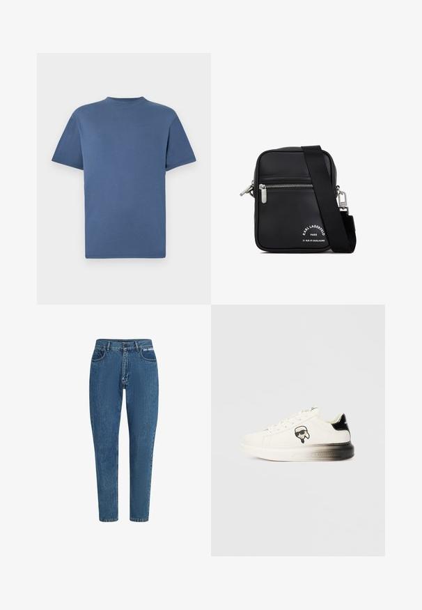 Camiseta azul de manga corta con cuello redondo, diseño sencillo y color sólido, mostrada plana sobre fondo blanco.; Jeans de mezclilla azul con cintura alta y pierna recta. Incluyen un diseño clásico de cinco bolsillos, trabillas para el cinturón y un logo de la marca en la cinturilla.; Zapatilla blanca con parte superior de cuero liso, detalles en negro en el talón y un logotipo de dibujos animados. Presenta una suela gruesa y ligeramente transparente.; Bolso cruzado de piel negra con herrajes de plata, un compartimento con cremallera, una superficie texturizada y una marca blanca prominente en el frente.