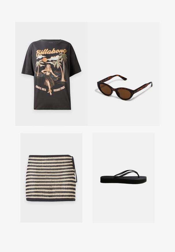 Schwarzes Baumwoll-T-Shirt mit einem farbenfrohen Grafikmotiv eines Hula-Tänzers, Palmen und dem Schriftzug "Billabong" in fetten Buchstaben.; Schwarz-beiger gestreifter Strick-Minirock mit seitlicher Schleife und strukturiertem offenem Strickmuster.; Schwarze Gummiflips mit strukturierter Sohle und Y-förmigem Riemen, seitliche Ansicht vor schlichtem hellem Hintergrund.; Braune Schildpatt-Sonnenbrille mit einer Vintage-Cat-Eye-Form und braunen Gläsern. Verfügt über gebogene Bügel mit roten Akzenten.