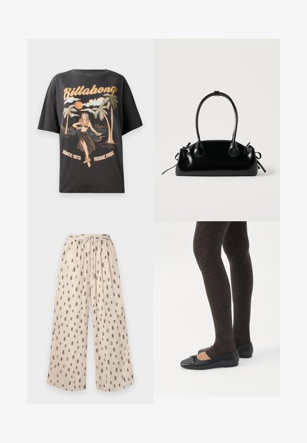 Sort bomulds t-shirt med et farverigt grafik af en hula danser, palmetræer og teksten "Billabong" i fed skrift.; Beige brede bukser med bindebånd i taljen, med et sort diamantmønster over det hele. Fremstillet af letvægtsstof for komfort.; Ben iført mørke ribbede leggings kombineret med sorte balletsko med små sløjfedetaljer på hvid baggrund.; Lille sort blank håndtaske med to lange håndtag og snøre-detaljer i siden på en ensfarvet lys baggrund.