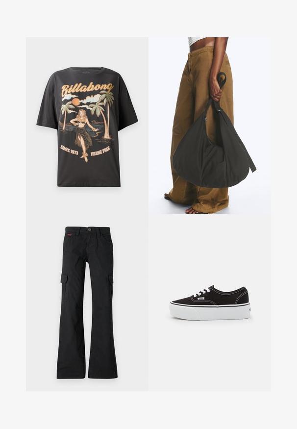 Schwarzes Baumwoll-T-Shirt mit einem farbenfrohen Grafikmotiv eines Hula-Tänzers, Palmen und dem Schriftzug "Billabong" in fetten Buchstaben.; Schwarze Cargo-Hosen mit geradem Bein. Verfügt über zwei Seitentaschen, einen Knopfverschluss und ein kleines gesticktes Logo am Bund.; Schwarze Leinensneaker mit einer weißen Gummiplattformsohle, weißen Schnürsenkeln und Nähten, ikonischer Markenaufdruck an der Seite, im Low-Top-Design.; Person trägt braune weite Hose und weißes Oberteil und hält eine große schwarze weiche Handtasche an der Seite am Trageriemen.