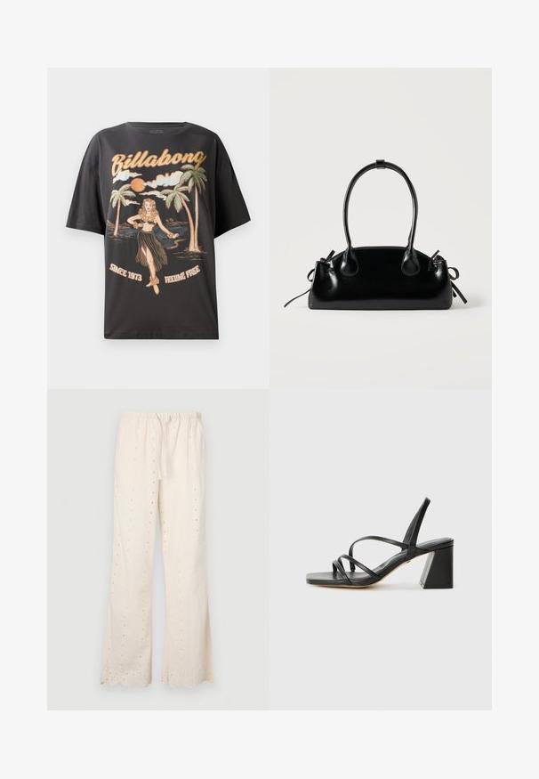Schwarzes Baumwoll-T-Shirt mit einem farbenfrohen Grafikmotiv eines Hula-Tänzers, Palmen und dem Schriftzug "Billabong" in fetten Buchstaben.; Cremfarbene, weit geschnittene Hosen mit einem elastischen Bund, Kordelzug und Ösenverzierungen entlang des Stoffes und des Saums. Mit gewellten Kanten.; Schwarze High Heels Sandalen mit quadratischer Zehenpartie, die mehrere dünne Riemen und einen geometrischen Blockabsatz aufweisen. Glatte Ledertextur und minimales Design.; Kleine schwarze glänzende Handtasche mit zwei langen Griffen und seitlichen Kordelzug-Details vor einfachem hellem Hintergrund.
