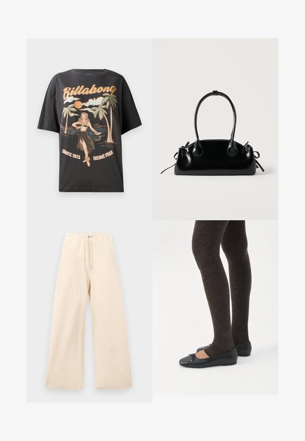 Camiseta de algodón negra con un gráfico colorido de una bailarina de hula, palmeras y el texto "Billabong" en letras en negrita.; Pantalones de pierna ancha en un beige claro, hechos de una tela texturizada. Presentan una cintura elástica con un cordón. Diseño simple y sin adornos.; Piernas con leggings oscuros acanalados combinados con bailarinas negras que presentan pequeños detalles de lazo sobre un fondo blanco.; Pequeño bolso negro brillante con dos asas largas y detalles de cordón lateral sobre un fondo claro liso.