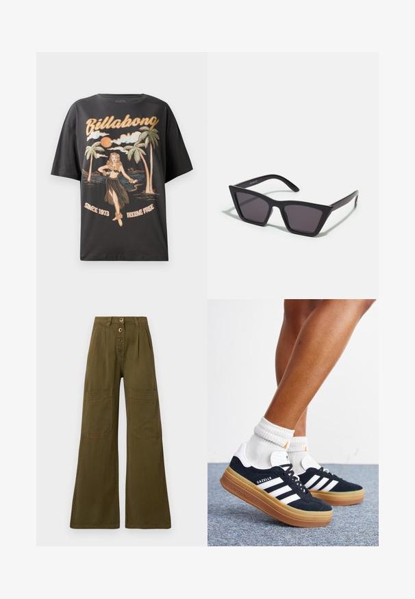 Sort bomulds t-shirt med et farverigt grafik af en hula danser, palmetræer og teksten "Billabong" i fed skrift.; Olivengrønne bukser med vid ben, høj talje, lukning med fire knapper foran og store rektangulære lappelommer på lårene.; Ben iført hvide sokker og sorte Adidas Gazelle sneakers med hvide striber og tykke brune såler på et gråt tæppe.; Sorte, kantede solbriller med grå linser; lavet af plast, med tykke stænger med en glat overflade og ingen synlig hardware.