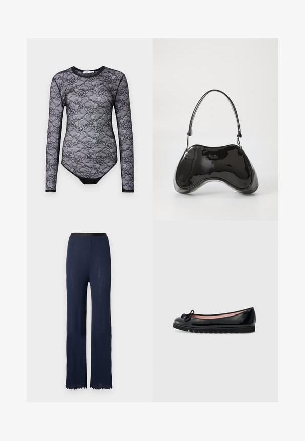 Bodysuit en dentelle noire avec manches longues, motif floral, col rond et une section inférieure noire unie. Texture transparente et design ajusté.; Pantalon en maille bleu marine à coupe évasée, doté d'une ceinture noire lisse et d'un motif côtelé texturé sur toute la surface.; Ballerine en cuir verni noir avec un bout rond, détail de nœud sur le dessus, et une semelle en caoutchouc texturé. L'intérieur présente un revêtement rose.; Sac à main en cuir verni noir avec une forme incurvée unique, une anse courte et ajustable, et une fermeture zippée. Texture lisse avec un branding discret.
