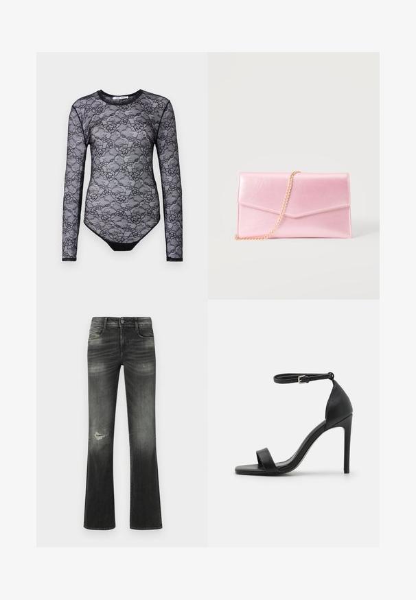 Bodysuit en dentelle noire avec manches longues, motif floral, col rond et une section inférieure noire unie. Texture transparente et design ajusté.; Jean noir délavé à jambes droites avec poches avant, fermeture par bouton, et une petite déchirure usée sur la cuisse gauche.; Sandale noire à talons hauts au design épuré, avec une bride au niveau de la cheville, un bout ouvert et une texture en cuir lisse.; Pochette rectangulaire rose pâle avec rabat façon enveloppe et fine bandoulière chaîne dorée sur fond uni.