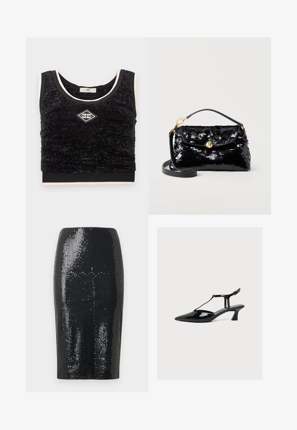 Haut court sans manches noir texturé avec bordure crème et écusson logo en forme de losange centré avec l'inscription "Elisabetta Franchi".; Jupe crayon noire, longueur genou, recouverte de paillettes noires brillantes avec une silhouette lisse et ajustée.; Chaussure à talon bas en cuir verni noir, bout pointu, bride en T et fermeture à boucle sur fond clair neutre.; Sac à main noir à sequins avec fermoir doré, poignée courte et bandoulière amovible sur un fond clair uni.