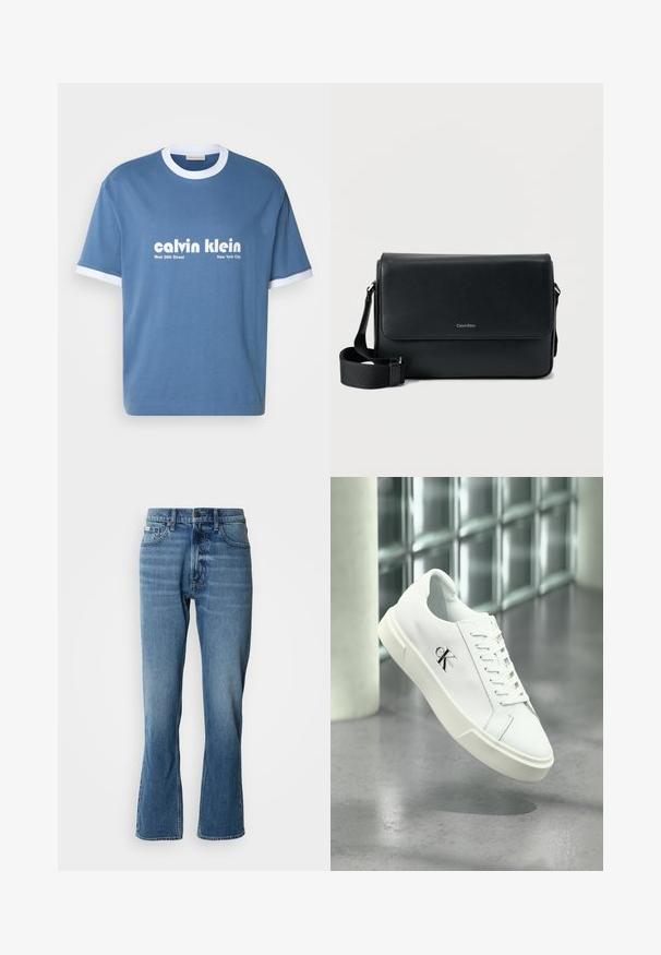 Modrá bavlnená tričko s bielym rebrovaným golierom a manžetami na rukávoch. Na prednej strane sa nachádza logo "calvin klein" a text "West 39th Street New York City".; Svetlo modré denimové rifle s rovnými nohavicami a jemným rozšírením. Majú päť vreciek, zapínanie na gombík a jemné detaily zohybovania.; Biela teniska Calvin Klein so šnúrkami, zobrazená vznášajúca sa nad leštenou betónovou podlahou a stenou z sklenených blokov.; Čierna kožená messenger taška s textúrovaným povrchom, nastaviteľným popruhom a predným klopou s jemným logom. Kompaktný a obdĺžnikový tvar.