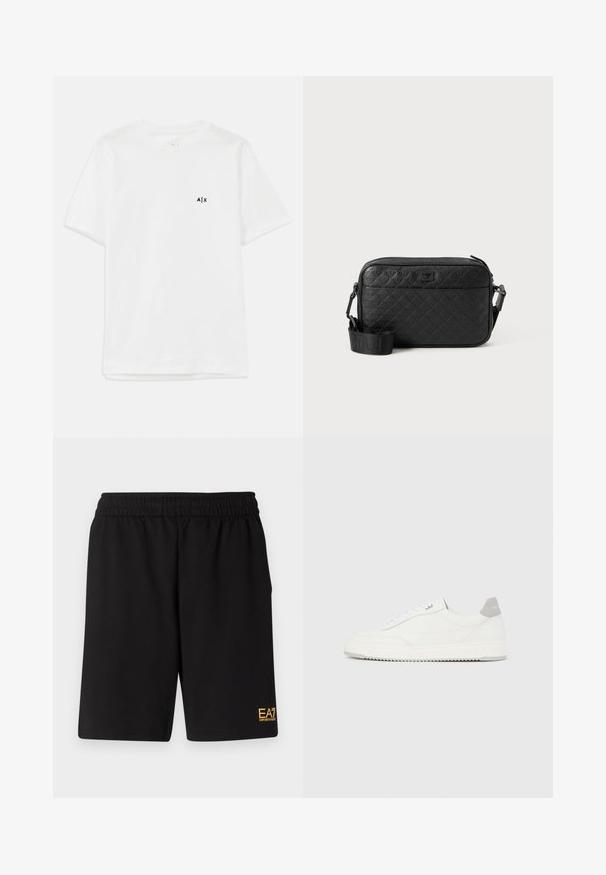 Camiseta de algodón blanca con mangas cortas y cuello redondo, con un pequeño logo negro en el lado izquierdo del pecho. Textura suave, diseño básico.; Pantalones cortos deportivos negros de tejido suave, con una cintura elástica y un pequeño logo amarillo de EA7 en la parte inferior de la pierna izquierda.; Zapatilla blanca de corte bajo con pestaña en el talón gris, cordones blancos y suela texturizada, presentada sobre un fondo claro y liso.; Bolso crossbody negro de textura con patrón geométrico en relieve y correa ajustable que presenta el logotipo de la marca.