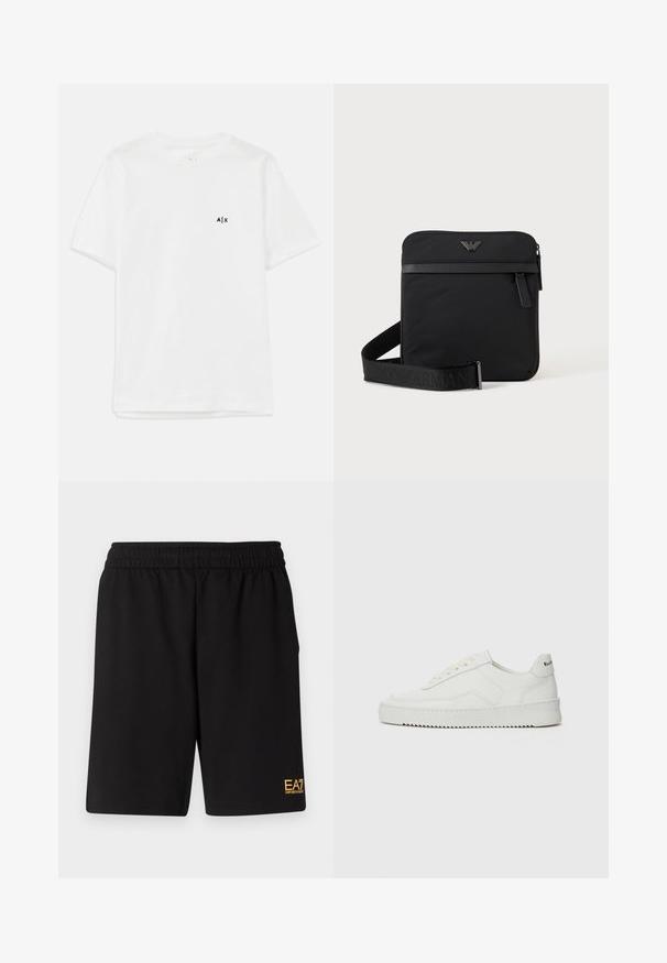 Hvid bomulds t-shirt med korte ærmer og rund halsudskæring, prydet med et lille sort logo på venstre bryst. Glat tekstur, enkel design.; Sorte atletiske shorts lavet af blødt stof, med en elastisk talje og et lille gult EA7-logo nederst på venstre ben.; Hvide lædersneakers med en glat overflade, rund tå, flade snørebånd og en tekstureret sål. Har et diskret logo på hælen.; Sort firkantet skuldertaske med lynlås, frontlomme og justerbar rem med præget brandnavn.