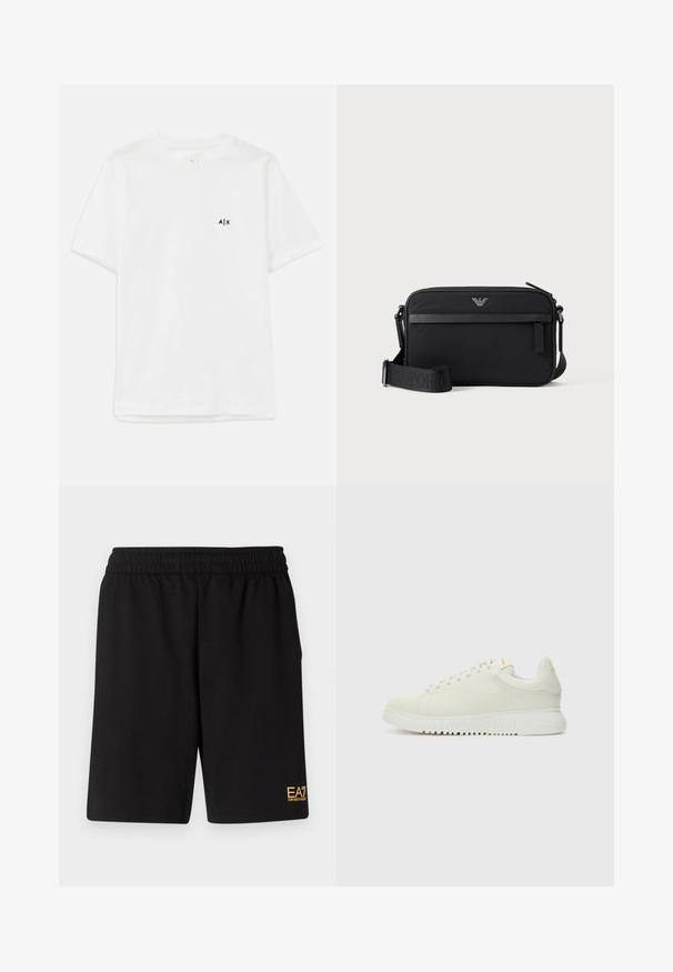 Camiseta de algodón blanca con mangas cortas y cuello redondo, con un pequeño logo negro en el lado izquierdo del pecho. Textura suave, diseño básico.; Pantalones cortos deportivos negros de tejido suave, con una cintura elástica y un pequeño logo amarillo de EA7 en la parte inferior de la pierna izquierda.; Zapatilla blanca de cuero con parte superior texturizada, punta redondeada, suela blanca plana y cordones tonales. Marca sutil en la lengüeta.; Bolso bandolera rectangular negro con bolsillo frontal con cremallera, correa ajustable y pequeño logo metálico en el centro superior.