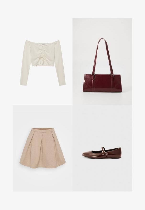 Top court à épaules dénudées en tissu crème côtelé, comportant un détail à cordon à l'avant et des manches longues avec des bords festonnés.; Jupe plissée beige en tissu texturé avec une taille ajustée, s'évasant à l'ourlet, présentant un motif discret en chevrons.; Ballerine en cuir verni marron avec un bout carré et une lanière ornée d'une petite boucle dorée. Texture lisse, talon bas et design minimaliste.; Sac à main bordeaux en matériau brillant, de forme rectangulaire, avec deux anses et des accents légèrement courbés à l'avant.
