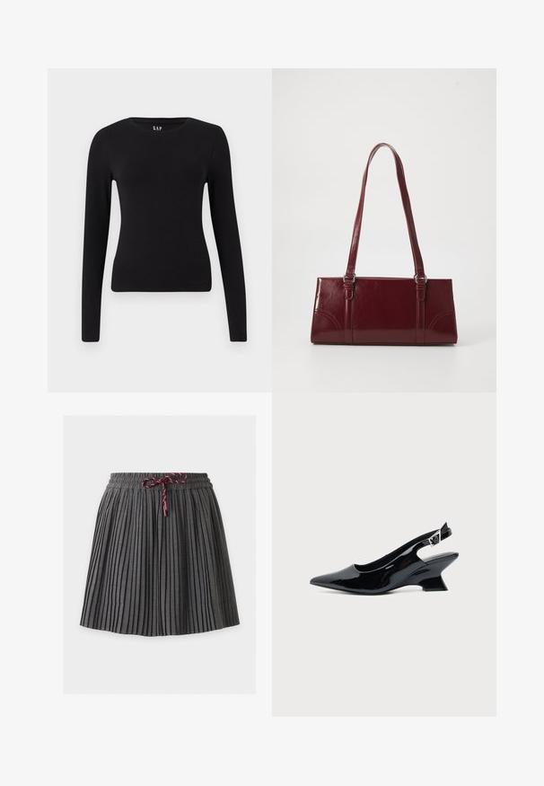 T-shirt ajusté à manches longues noir avec col rond et ourlet straight, présenté sur un fond blanc.; Jupe plissée gris foncé avec une taille élastique et un cordon bordeaux noué au centre devant.; Chaussure slingback en cuir verni noir avec bout pointu et petit talon bloc incliné sur fond clair uni.; Sac à main bordeaux en matériau brillant, de forme rectangulaire, avec deux anses et des accents légèrement courbés à l'avant.