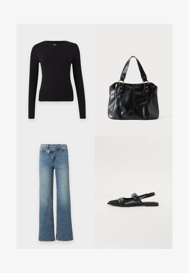 Sort langærmet tætsiddende t-shirt med rund hals og lige kant, vist på en hvid baggrund.; Lyseblå denim jeans med vide ben og høj talje, let falmet effekt og knaplukning foran. Har fem lommer og minimal syning.; Even&Odd by Zalando Slingback-ballerinasko - black; Sort læder skuldertaske med dobbelte stropper fastgjort med gyldne ringe og nitter, glat og let skinnende overflade, enkelt design.