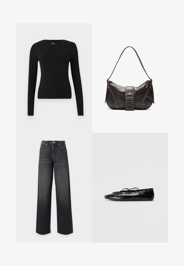 T-shirt ajusté à manches longues noir avec col rond et ourlet straight, présenté sur un fond blanc.; Jean en denim noir taille haute à jambes droites avec poches avant, passants de ceinture, bouton et fermeture éclair sur fond blanc.; Bottine plate noire à bout pointu avec un laçage à l'avant et des œillets le long des bords, présentée sur un fond blanc.; Sac à épaule en cuir marron avec une forme courbée, présentant un détail de boucle proéminent, des coutures contrastantes et une seule bandoulière.