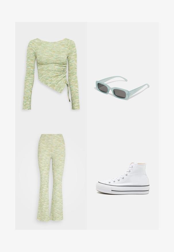Haut à manches longues en tissu texturé vert menthe et jaune, avec une coupe asymétrique, des fronces sur le côté et des liens au niveau de l'ourlet.; Even&Odd by Zalando Pantalon classique - mottled green; Baskets montantes blanches en toile, semelle en caoutchouc noir et bande noire contrastante sur la semelle intermédiaire. Bout rond et design à lacets.; Une paire de lunettes de soleil rectangulaires avec des montures translucides bleu clair et des verres gris foncé, présentant des branches droites et des détails matériels minimaux.