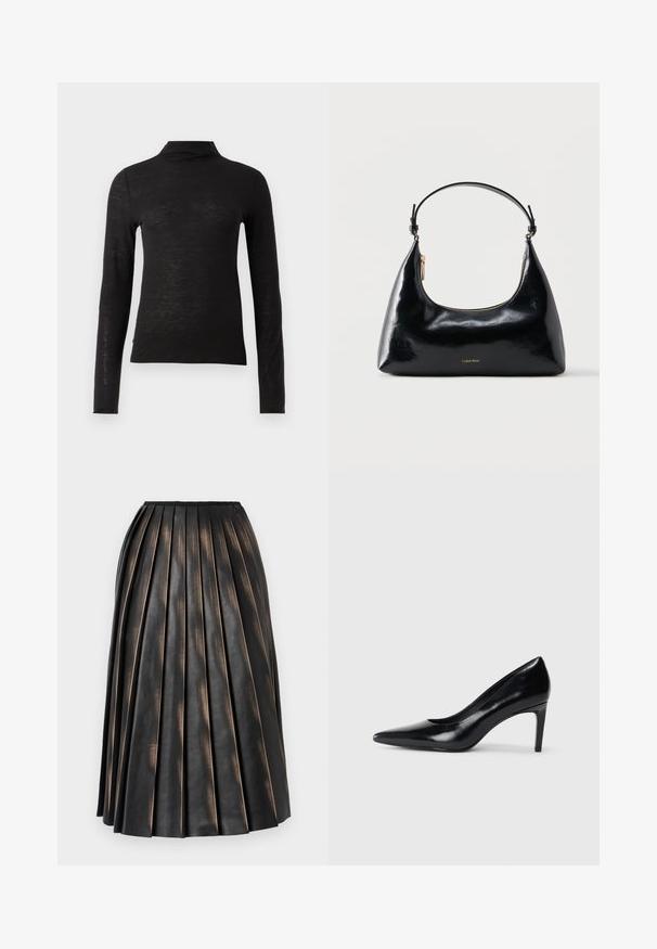 Haut noir à manches longues et col roulé en matériau texturé, avec une coupe ajustée et un design minimaliste sans motifs ni éléments matériels visibles.; Jupe midi plissée noire avec une finition texturée légèrement brillante et un petit logo près de la ceinture.; Chaussure à talon haut en cuir noir avec un bout pointu, texture lisse et un talon effilé. Design minimaliste, sans embellissements supplémentaires.; Sac à main Calvin Klein noir brillant avec fermeture éclair dorée et anse courte sur fond blanc uni.