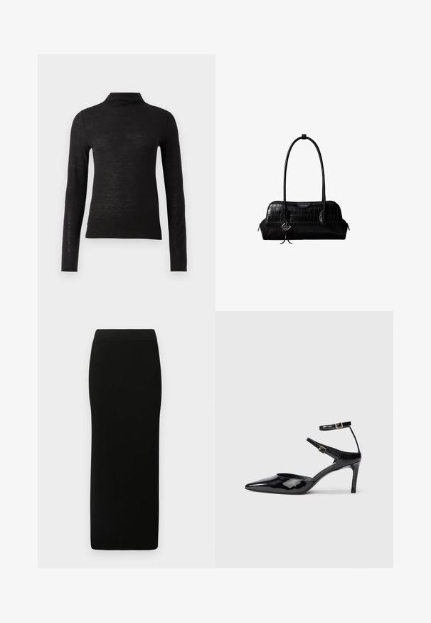 Haut noir à manches longues et col roulé en matériau texturé, avec une coupe ajustée et un design minimaliste sans motifs ni éléments matériels visibles.; Jupe midi noire à côtes avec une coupe ajustée, taille élastique et texture lisse, présentant une silhouette droite et sans embellissements visibles.; Talons en cuir verni noir avec un bout pointu, des sangles de cheville ajustables et un talon fin. Texture lisse avec une finition brillante.; Sac à épaule en cuir noir à texture crocodile, avec de longues sangles et un petit charm logo argenté sur une sangle.