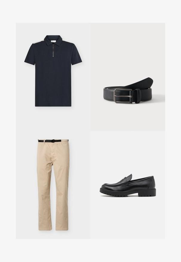 Polo bleu marine à manches courtes, tissu texturé, col zippé et détails contrastants blancs sur les épaules.; Pantalon beige à jambes droites avec ceinture noire ajustable, taille élastique d'un côté et couture décorative à l'avant.; Mocassins en cuir noir avec un bout arrondi, un design à enfiler et une semelle en caoutchouc épaisse avec une texture antidérapante. Talon surélevé et détails de surpiqûre subtils.; Ceinture en cuir noir roulée avec une boucle métallique argentée rectangulaire sur un fond clair uni.