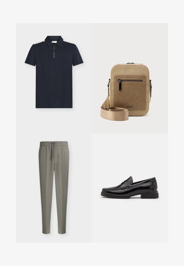 Polo bleu marine à manches courtes, tissu texturé, col zippé et détails contrastants blancs sur les épaules.; Pantalon pour homme gris clair ajusté avec jambes fuselées et taille élastique dotée d'un cordon de serrage à l'avant.; Mocassins en cuir noir avec un embout arrondi, présentant un détail cousu sur le dessus, et un petit talon carré. Texture lisse et finition brillante.; Petit sac bandoulière beige avec poche avant zippée, logo métallique ALDO, sangle large ajustable et forme rectangulaire arrondie sur fond blanc.