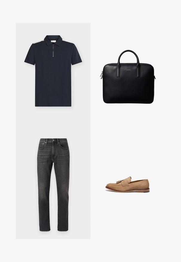 Polo bleu marine à manches courtes, tissu texturé, col zippé et détails contrastants blancs sur les épaules.; Jean en denim noir avec une coupe droite, dotés de poches avant, d'une fermeture à bouton et d'un léger délavage sur le tissu.; Mocassin en daim beige avec une finition à gland, bout rond et talon marron contrastant. Texture lisse et accents de couture simples.; Porte-documents en cuir noir avec double poignée, forme rectangulaire, et tirettes de fermeture éclair argentées, avec un petit logo embossé au centre.