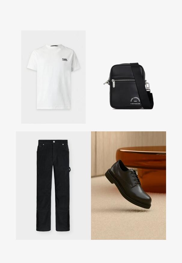 T-shirt blanc à manches courtes et col rond avec petit logo noir "KARL LAGERFELD" sur la poitrine gauche.; Pantalon en velours côtelé noir à jambes droites avec bouton devant, boucle de poche latérale et renforts aux genoux.; Chaussure en cuir noire à lacets flottant au-dessus d'un tapis beige avec un objet brun brillant et arrondi en arrière-plan.; Sac en cuir noir à bandoulière avec quincaillerie en argent, un compartiment zippé, une surface texturée et une marque blanche bien visible sur le devant.