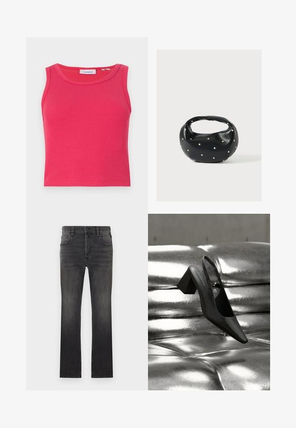 Top sin mangas de canalé ajustado en un brillante color rosa, con escote redondo. Presenta una etiqueta con texto azul en el interior del cuello.; Vaqueros de denim negro con corte recto, cinco bolsillos y un sutil desgaste. Cuenta con cierre de botón y costuras en contraste a lo largo de las costuras.; Tacón destalonado negro con punta en forma de pico, con superficie texturizada y tacón ancho y grueso. Colocado sobre un fondo metálico brillante.; Bolso de mano de cuero negro con forma redondeada, decorado con detalles de tachuelas plateadas y un asa corta. Textura lisa y cierre con cremallera.