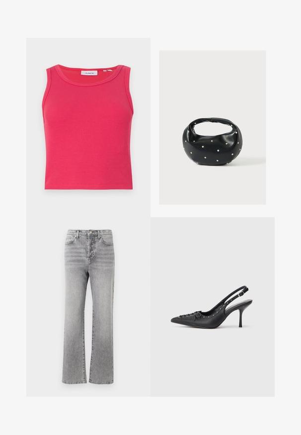 Top sin mangas de canalé ajustado en un brillante color rosa, con escote redondo. Presenta una etiqueta con texto azul en el interior del cuello.; Jeans de mezclilla gris con un diseño de pierna recta, cintura de altura media, estilo de cinco bolsillos y un ligero desgaste para dar textura. Detalles de botón metálico y costuras.; Sandal de tacón stiletto negro de cuero con punta afilada, correa lateral con hebilla, tachuelas a lo largo del borde y cordones decorativos en la parte delantera.; Bolso de mano de cuero negro con forma redondeada, decorado con detalles de tachuelas plateadas y un asa corta. Textura lisa y cierre con cremallera.