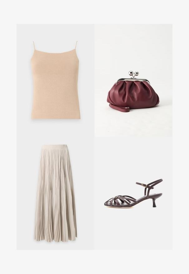 Camisole en tricot beige avec des bretelles fines, présentant une coupe ajustée et un tissu texturé, idéale pour le superposition ou un usage décontracté.; Longue jupe beige plissée avec taille élastique, tissu fluide et longueur complète.; Sandale à talon kitten en cuir marron foncé avec lanières et bride de cheville réglable à boucle sur fond blanc.; Petit sac pochette en cuir bordeaux avec fermoir métallique argenté et bracelet sur fond blanc.