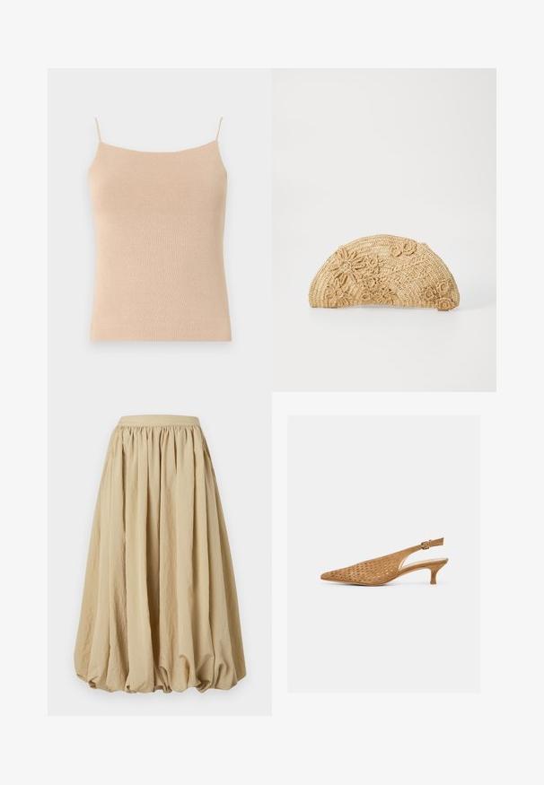 Beige pletená tielko s tenkými ramienkami, so priliehavým strihom a textúrovanou tkaninou, ideálne na vrstvenie alebo každodenné nosenie.; Beige midi sukňa s nastaveným pásom, prúdiacou tkaninou a objemovým strihom, so štruktúrovaným povrchom a jemnými vráskami.; Hnedá semišová špičatá slingback topánka s perforovaným zvrškom a nízkym podpätkom kitten, vybavená nastaviteľným remienkom s prackou.; Vanessa Bruno Listová kabelka - naturel