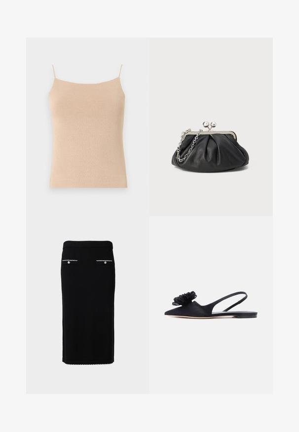 Beige knitted camisole with thin straps, featuring a fitted design and textured fabric, ideal for layering or casual wear.; Black knee-length pencil skirt with two buttoned front pockets trimmed with white scalloped edges.; Black pointed flat slingback shoe with decorative knotted detail on toe and thin strap around heel.; Black leather clutch with gathered texture, silver-tone metal frame, kiss-lock closure, and chain strap. Smooth, soft surface.