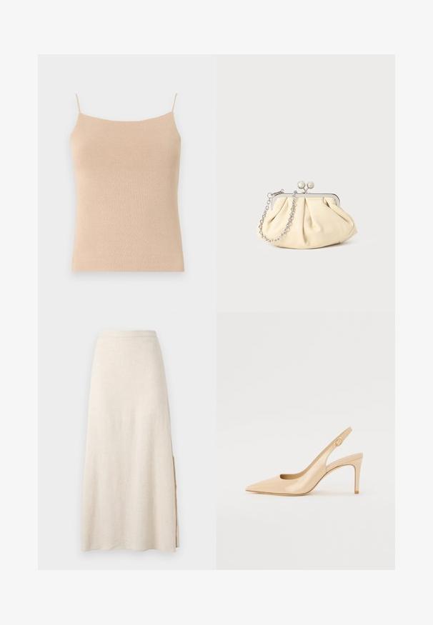 Beige knitted camisole with thin straps, featuring a fitted design and textured fabric, ideal for layering or casual wear.; Beige, ankle-length skirt with a straight cut and subtle side slit, made from textured fabric.; Nude patent leather slingback heel with a pointed toe, open vamp, and a thin stiletto heel. Features a circular gold accent on the strap.; Pleated beige leather clutch with a silver metal frame, featuring two round decorative clasps and a silver chain strap.