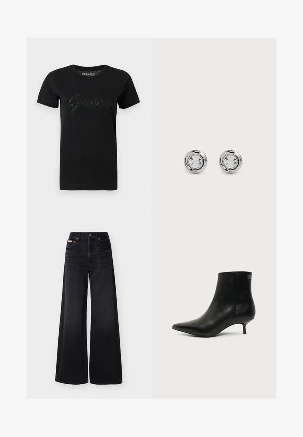 T-shirt noir en coton avec un col rond, des manches courtes et un logo "Guess" en sequins texturés sur la poitrine.; Jean noir à jambes larges avec taille haute, fermeture avant par boutons et fermeture éclair, passants pour ceinture, et design à cinq poches.; Bottine en cuir noir avec bout pointu et petit talon kitten sur fond clair, vue côté extérieur.; Boucles d'oreilles en métal argenté avec des cristaux ronds et transparents, présentant une finition lisse et polie ainsi qu'un design circulaire avec des bords légèrement surélevés.