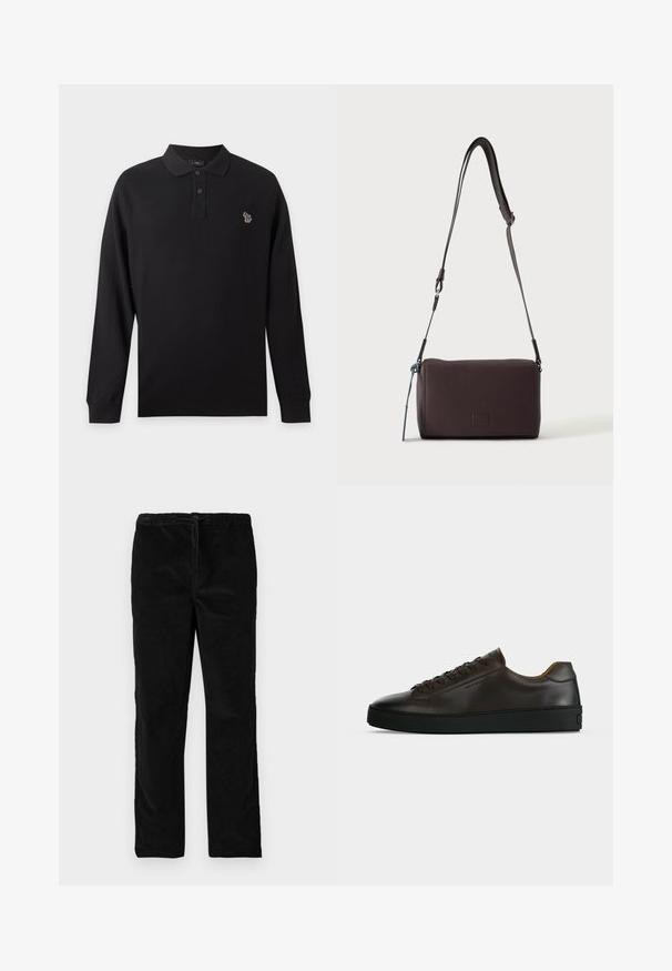 Polo noir à manches longues avec deux boutons et un petit logo zèbre multicolore brodé sur le côté gauche de la poitrine.; Pantalons en velours noirs à jambes droites avec une taille élastique et un cordon de serrage à l'avant, présentés sur un fond blanc uni.; Baskets basses en cuir marron foncé avec semelle en caoutchouc noire, lacets à l'avant et design minimaliste épuré sur fond clair.; Sac bandoulière en cuir marron foncé texturé avec une sangle réglable et un petit accent décoratif bleu sur le côté.