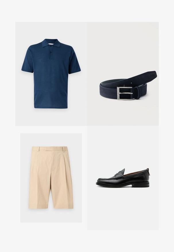 Polo bleu marine à manches courtes avec patte à deux boutons et col classique sur un fond gris clair.; Shorts beige mi-long cintrés avec passants pour ceinture, plis à l'avant et fermeture éclair cachée sur le devant.; Mocassin homme en cuir noir avec couture moc toe, bride penny, col texturé et petit talon empilé sur fond blanc.; Ceinture en daim bleu foncé roulée avec une boucle rectangulaire en argent gravée de "BOSS" sur un fond clair uni.