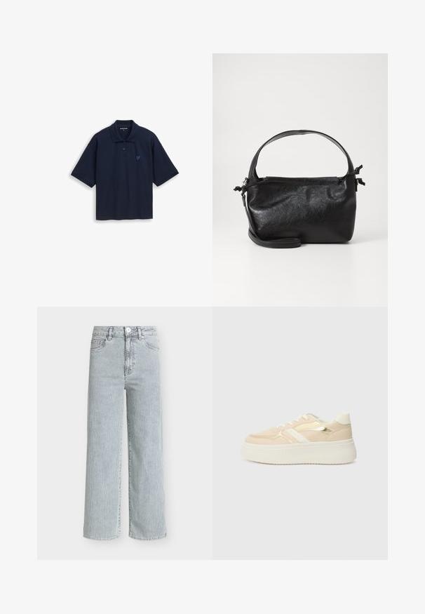 Polo bleu marine à manches courtes, avec un col et trois boutons. Présente un petit logo cœur bleu clair sur la poitrine.; Jean large taille haute en denim léger avec des rayures verticales blanches et bleues. Comprend cinq poches et une fermeture à bouton à l'avant.; Baskets plateformes beiges avec une semelle blanche. Dotées d'accents métalliques dorés et d'une texture lisse. Design lacé avec un embout arrondi.; Sac à main en cuir noir au design structuré, avec une poignée arrondie et une bandoulière amovible. Présente une texture lisse et un éclat subtil.