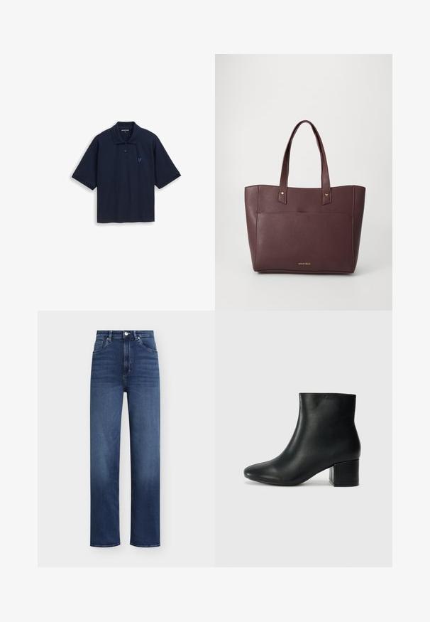 Polo bleu marine à manches courtes, avec un col et trois boutons. Présente un petit logo cœur bleu clair sur la poitrine.; Jean en denim bleu foncé avec taille haute, coupe droite et style classique à cinq poches. Doté d'une fermeture à bouton et à glissière.; Bottines en cuir noir avec un bout pointu et un talon épais. Texture lisse avec des accents minimalistes et un design élégant et ajusté.; Sac fourre-tout synthétique bordeaux avec deux poignées, design plat, accents en métal doré et une poche avant. Logo situé à la base.